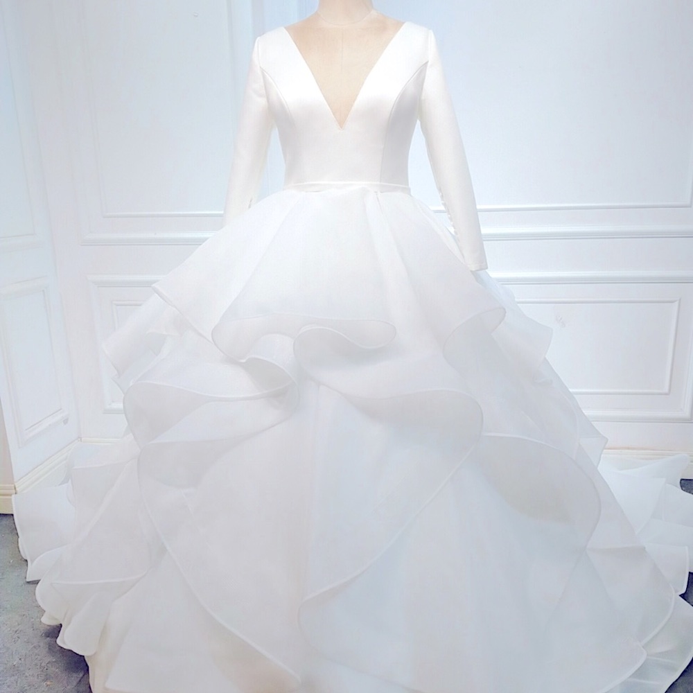 Gorgeous White Long Sleeve Half Satin Half Tulle Wedding Dress